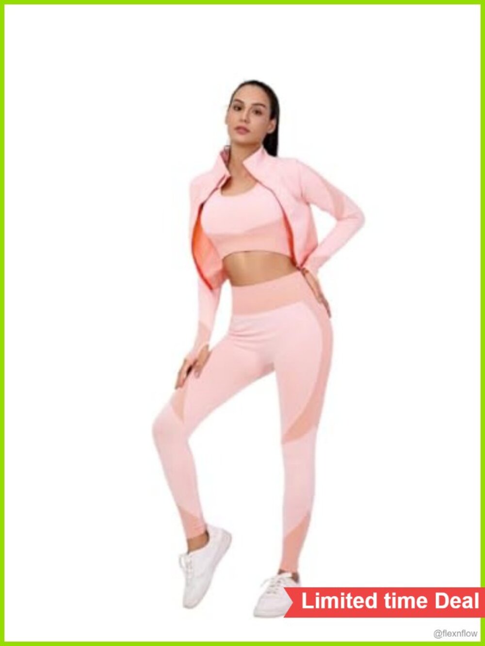 Seamless 3-Piece Workout Set High-Waist Leggings Sports Bra Crop Top Gym Yoga